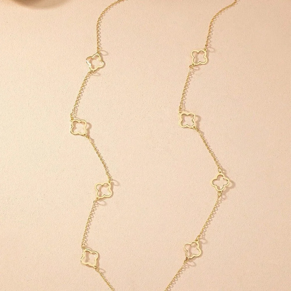 Yellow Gold Women's One Hollow Out Clover Pendant Long Chain Vintage Neclace - Picture 3 of 6